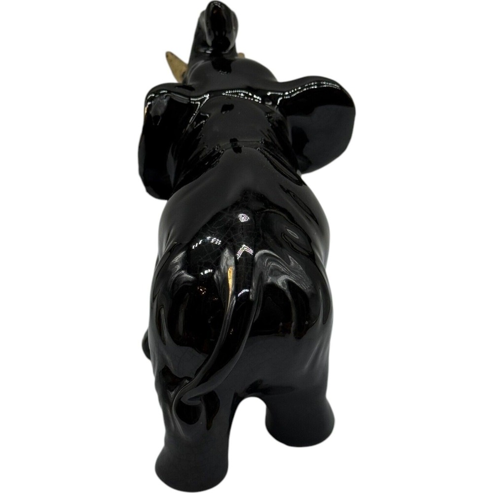 Black Elephant Figurine Gold Accents Ceramic Animal Statue Home Decor - Picture 9 of 9